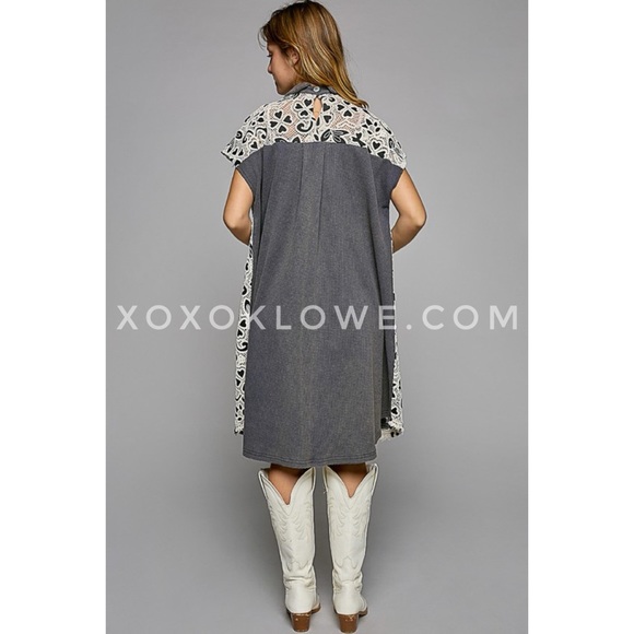 POL Ink Black Crochet Lace + Waffle Short Sleeve Button Up Shirt Dress - Picture 6 of 12